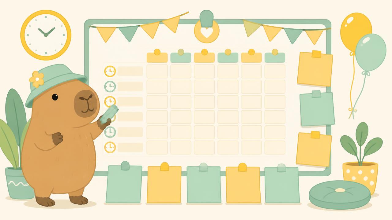Illustration : capybara devant un tableau de programme de weekend